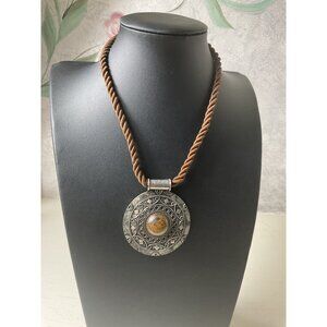 Vintage Bohemian Style Rope Necklace With Round Ethnic Pendant
